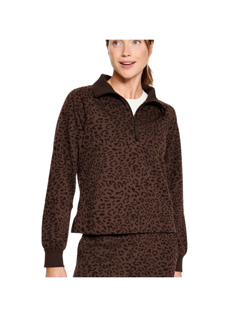 Talbots Brown Leopard Print Quarter-Zip Sweatshirt Women’s XLP Boxy Half-Zip